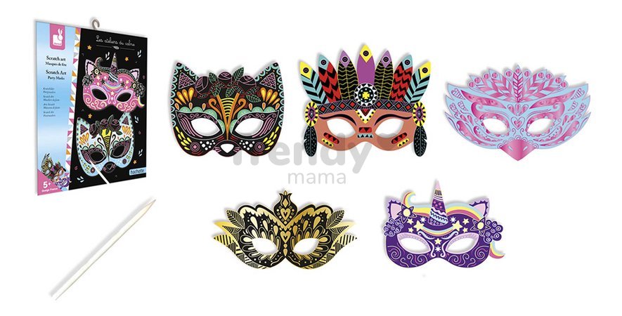 Mini kreatívna sada Party Masky Scratch Art Party Masks Atelier Janod vyškrabovacie obrázky 5 masiek od 5 rokov J07890
