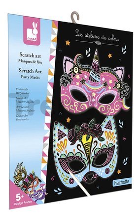 Mini kreatívna sada Party Masky Scratch Art Party Masks Atelier Janod vyškrabovacie obrázky 5 masiek od 5 rokov J07890