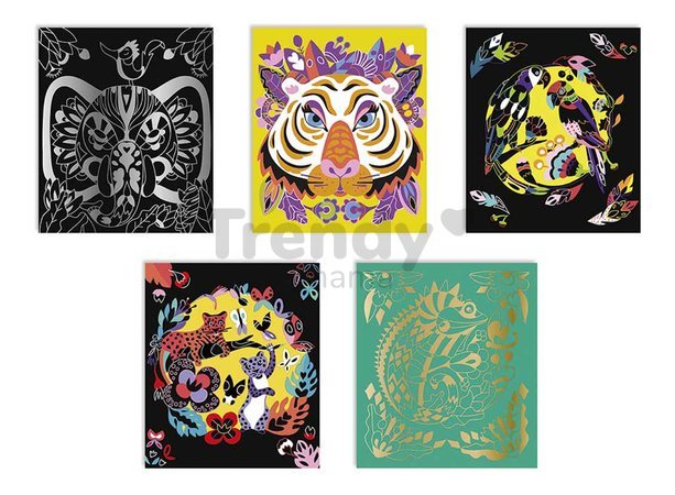 Mini kreatívna sada Zvieratká sveta Scratch Art Animals of the World Atelier Janod vyškrabovacie obrázky 5 kariet od 5 rokov J07891