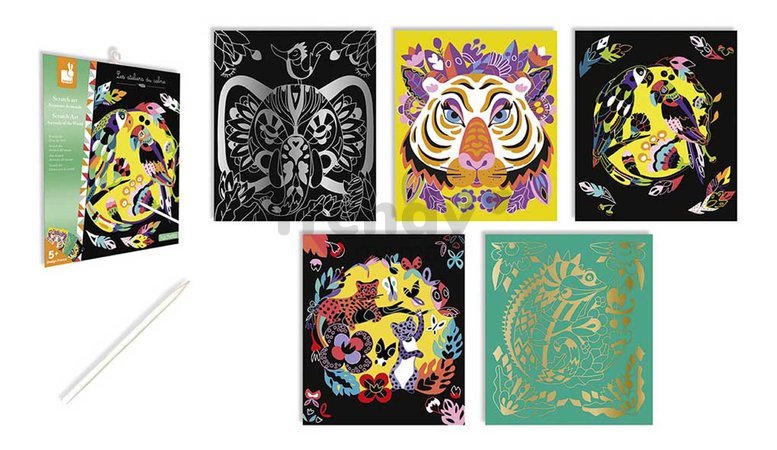 Mini kreatívna sada Zvieratká sveta Scratch Art Animals of the World Atelier Janod vyškrabovacie obrázky 5 kariet od 5 rokov J07891