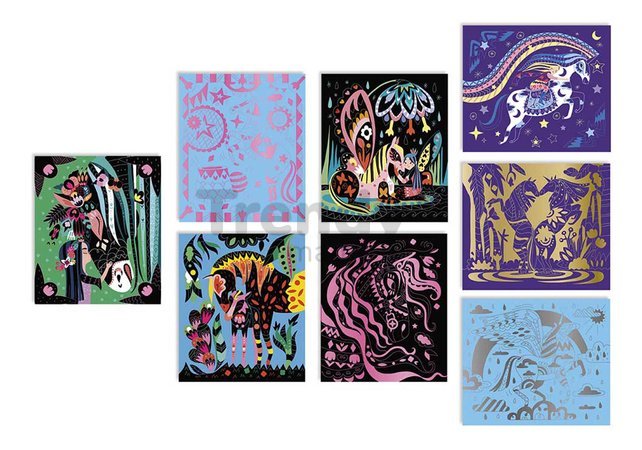 Maxi kreatívna sada Kone a Jednorožce Scratch Art Horses and Unicorns Atelier Janod vyškrabovacie obrázky 8 kariet od 7 rokov J07895