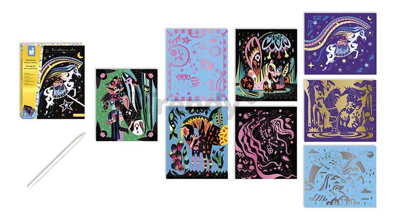 Maxi kreatívna sada Kone a Jednorožce Scratch Art Horses and Unicorns Atelier Janod vyškrabovacie obrázky 8 kariet od 7 rokov J07895