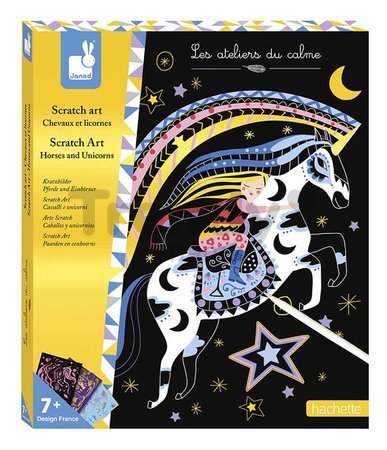 Maxi kreatívna sada Kone a Jednorožce Scratch Art Horses and Unicorns Atelier Janod vyškrabovacie obrázky 8 kariet od 7 rokov J07895