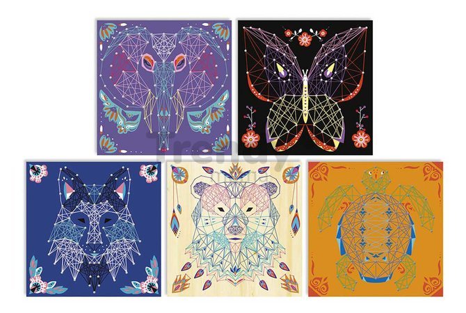 Maxi kreatívna sada Tvoríme so šnúrkami Zvieratká String Art Animal Pictures Atelier Janod 5 kariet a 800 klinčekov od 10 rokov J07912
