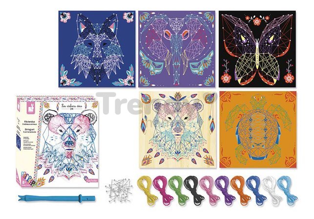 Maxi kreatívna sada Tvoríme so šnúrkami Zvieratká String Art Animal Pictures Atelier Janod 5 kariet a 800 klinčekov od 10 rokov J07912