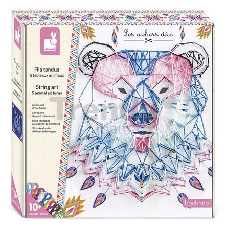 Maxi kreatívna sada Tvoríme so šnúrkami Zvieratká String Art Animal Pictures Atelier Janod 5 kariet a 800 klinčekov od 10 rokov J07912