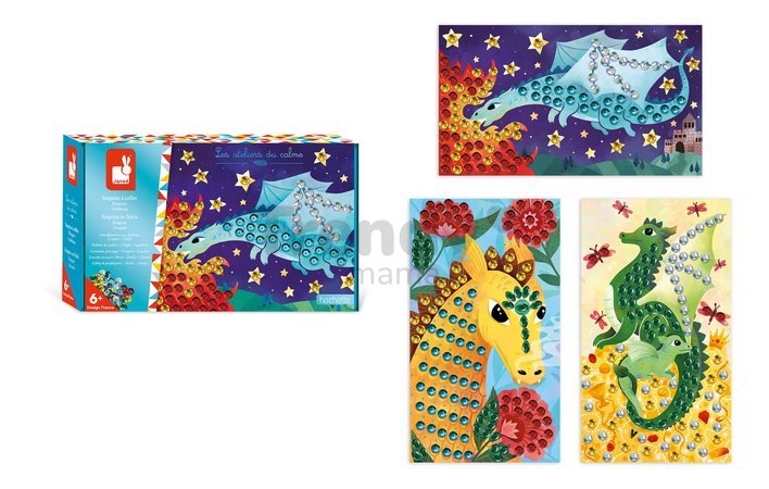 Midi kreatívna sada Obrázky s flitrami Draky Sequins to Stick Dragons Atelier Janod 3 obrázky a 360 flitrov od 6 rokov J07921