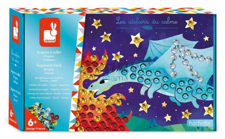 Midi kreatívna sada Obrázky s flitrami Draky Sequins to Stick Dragons Atelier Janod 3 obrázky a 360 flitrov od 6 rokov J07921