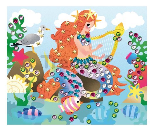 Maxi kreatívna sada Obrázky s flitrami Morské panny Sequins to Stick Mermaid Atelier Janod 5 obrázkov a 800 flitrov od 6 rokov J07926