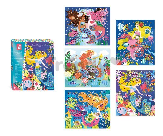Maxi kreatívna sada Obrázky s flitrami Morské panny Sequins to Stick Mermaid Atelier Janod 5 obrázkov a 800 flitrov od 6 rokov J07926