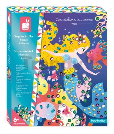 Maxi kreatívna sada Obrázky s flitrami Morské panny Sequins to Stick Mermaid Atelier Janod 5 obrázkov a 800 flitrov od 6 rokov J07926