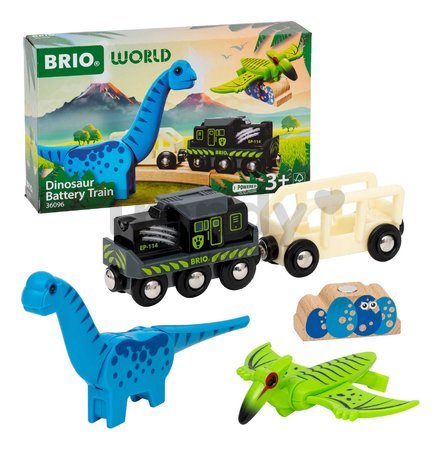 Vláčik elektronický s nákladným vozňom Dinosaur Battery Train BRIO so svetlom pohybom a 2 figúrky dinosaurov s magnetmi od 3 rokov BRIO0967