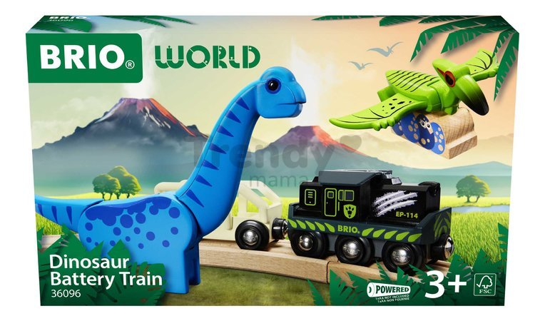 Vláčik elektronický s nákladným vozňom Dinosaur Battery Train BRIO so svetlom pohybom a 2 figúrky dinosaurov s magnetmi od 3 rokov BRIO0967