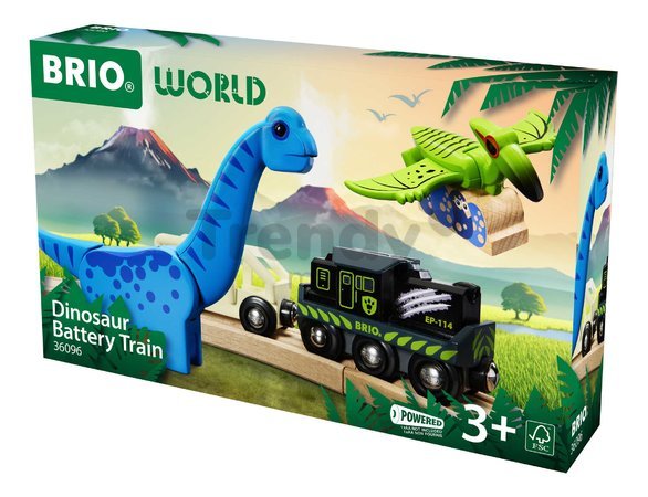 Vláčik elektronický s nákladným vozňom Dinosaur Battery Train BRIO so svetlom pohybom a 2 figúrky dinosaurov s magnetmi od 3 rokov BRIO0967