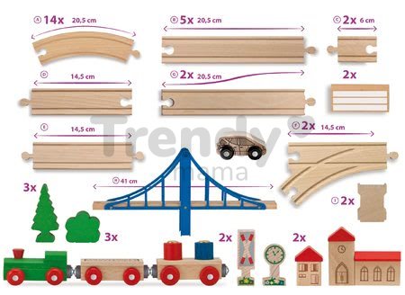 Drevená vláčikodráha Train Set with Bridge Eichhorn s rušňom 2 vozňami mostom a doplnkami 55 dielov 500 cm dĺžka koľajníc
