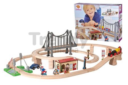 Drevená vláčikodráha so stanicou Train Set with Bridge Eichhorn s rušňom 2 vozňami mostom a doplnkami 54 dielov 450 cm dĺžka koľajníc