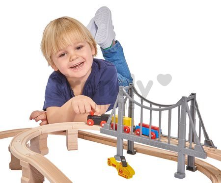 Drevená vláčikodráha so stanicou Train Set with Bridge Eichhorn s rušňom 2 vozňami mostom a doplnkami 54 dielov 450 cm dĺžka koľajníc