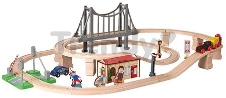 Drevená vláčikodráha so stanicou Train Set with Bridge Eichhorn s rušňom 2 vozňami mostom a doplnkami 54 dielov 450 cm dĺžka koľajníc