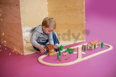 Drevená vláčikodráha so stanicou Train Set with Bridge Eichhorn s rušňom 2 vozňami mostom a doplnkami 54 dielov 450 cm dĺžka koľajníc