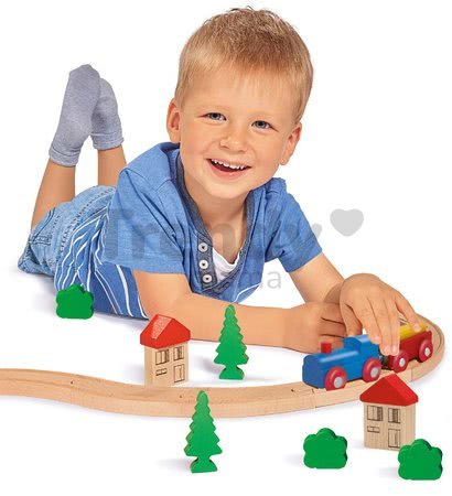 Drevená vláčikodráha Wooden Toy Eichhorn s doplnkami domčeky a stromy 20 dielov