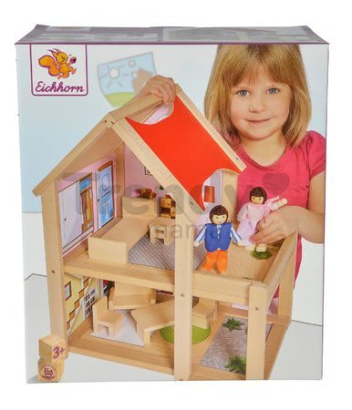 Drevený domček pre bábiky Doll's House Eichhorn komplet vybavený s nábytkom a 2 figúrkami výška 41 cm