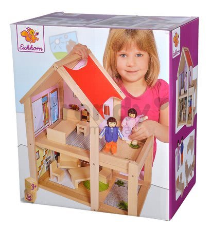 Drevený domček pre bábiky Doll's House Eichhorn komplet vybavený s nábytkom a 2 figúrkami výška 41 cm