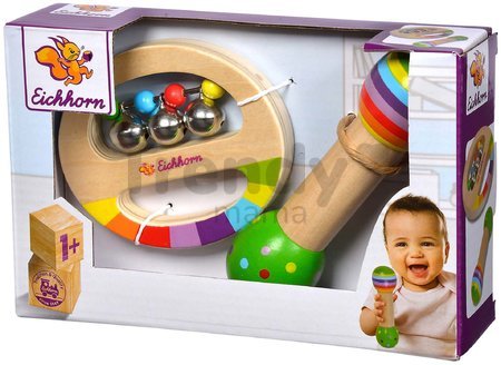 Drevené hudobné nástroje Music Set with Grasping Toy Eichhorn hrkálka so zvončekmi a hudobná palička od 12 mes