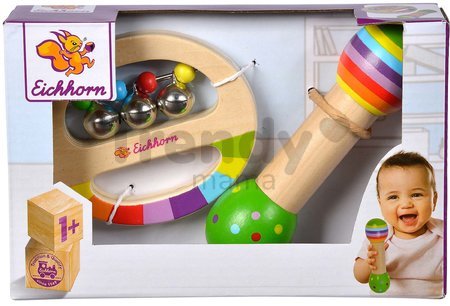 Drevené hudobné nástroje Music Set with Grasping Toy Eichhorn hrkálka so zvončekmi a hudobná palička od 12 mes