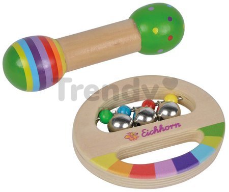 Drevené hudobné nástroje Music Set with Grasping Toy Eichhorn hrkálka so zvončekmi a hudobná palička od 12 mes