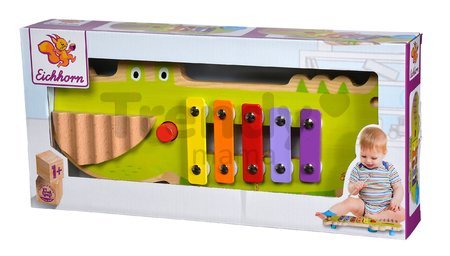Drevený xylofón krokodíl Musictable Eichhorn s kladivkom 5 rôznych tónov od 12 mes