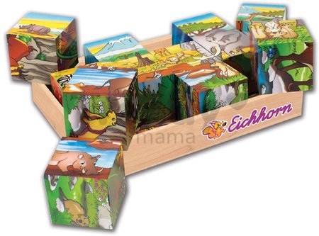 Drevené puzzle kocky Picture Cube Eichhorn 12 kociek so 6 motívmi zvieratiek