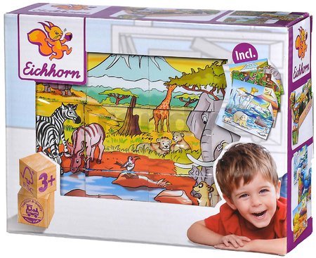 Drevené puzzle kocky Picture Cube Eichhorn 12 kociek so 6 motívmi zvieratiek