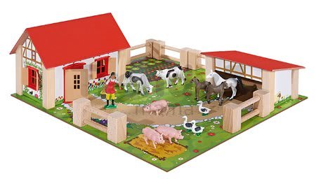 Drevená farma so zvieratkami Farmyard Small Eichhorn s dvoma budovami a dvorom 21 dielov