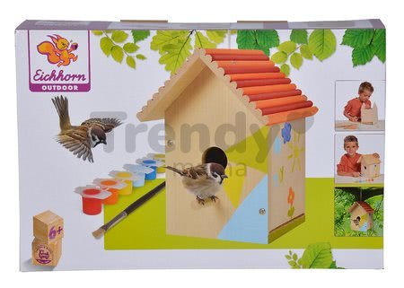 Drevená vtáčia búdka Outdoor Birdhouse Eichhorn Poskladaj a vymaľuj - so štetcom a farbami od 6 rokov