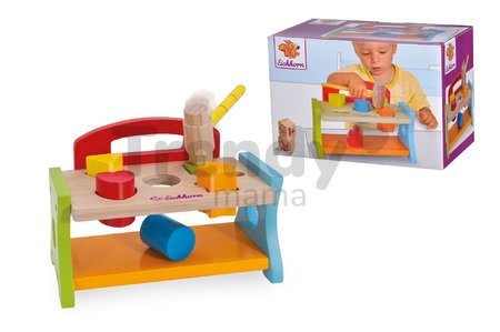 Drevená zatĺkačka s kockami Hammering Bench Eichhorn s kladivom a 5 rôznych farebných tvarov a farieb 7 dielov od 12 mes