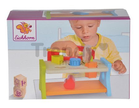 Drevená zatĺkačka s kockami Hammering Bench Eichhorn s kladivom a 5 rôznych farebných tvarov a farieb 7 dielov od 12 mes
