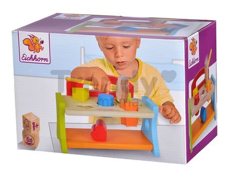 Drevená zatĺkačka s kockami Hammering Bench Eichhorn s kladivom a 5 rôznych farebných tvarov a farieb 7 dielov od 12 mes