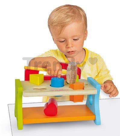 Drevená zatĺkačka s kockami Hammering Bench Eichhorn s kladivom a 5 rôznych farebných tvarov a farieb 7 dielov od 12 mes