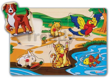 Drevené puzzle Pin Puzzle Eichhorn 6 vkladacích tvarov s obrázkami zvieratká vozidlá od 24 mes