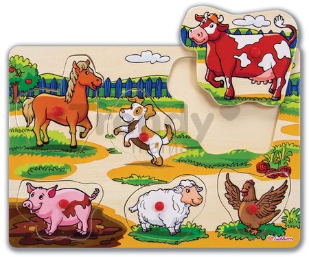 Drevené puzzle Pin Puzzle Eichhorn 6 vkladacích tvarov s obrázkami zvieratká vozidlá od 24 mes