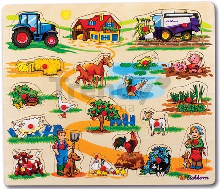 Drevené puzzle Pin Puzzle Eichhorn 21 vkladacích tvarov s obrázkami safari farma dopravné prostriedky od 24 mes