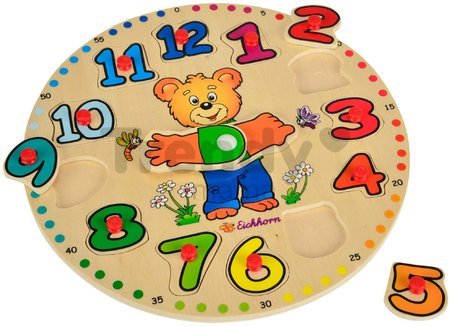 Drevené didaktické puzzle hodiny Teaching Clock Eichhorn 12 vkladacích čísiel od 24 mes