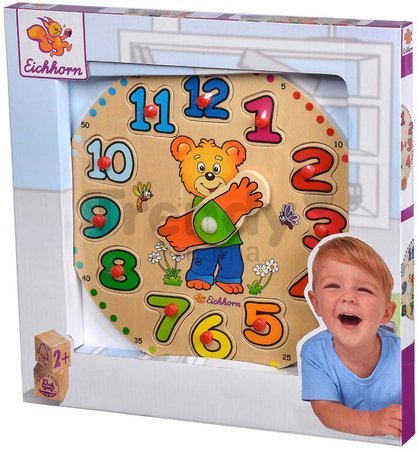 Drevené didaktické puzzle hodiny Teaching Clock Eichhorn 12 vkladacích čísiel od 24 mes