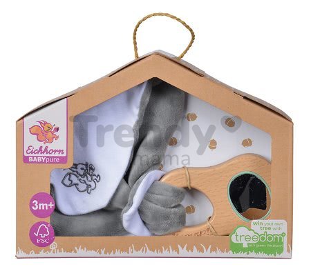 Drevená hrkálka s držadlom Bio 100% Natur Baby Pure Grasping Toy with Doudou Eichhorn s handričkou na maznanie a zrkadlom od 3 mes