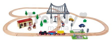 Drevená vláčikodráha Train Set with Bridge Eichhorn s rušňom vozňami mostom a doplnkami 55 dielov 500 cm dĺžka koľajníc
