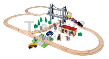 Drevená vláčikodráha Train Set with Bridge Eichhorn s rušňom vozňami mostom a doplnkami 55 dielov 500 cm dĺžka koľajníc