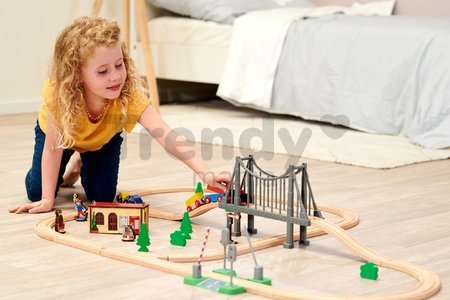 Drevená vláčikodráha Train Set with Bridge Eichhorn s rušňom vozňami mostom a doplnkami 55 dielov 500 cm dĺžka koľajníc