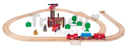 Drevená vláčikodráha s požiarnou stanicou Train Set Firestation Eichhorn s vlakom 33 dielov 235 cm dĺžka koľajníc