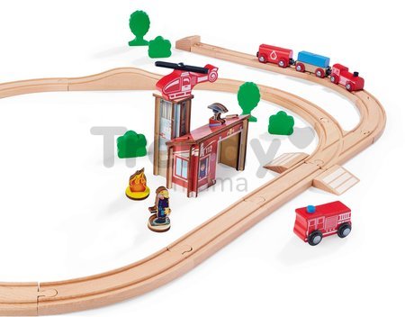 Drevená vláčikodráha s požiarnou stanicou Train Set Firestation Eichhorn s vlakom 33 dielov 235 cm dĺžka koľajníc