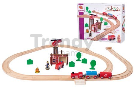 Drevená vláčikodráha s požiarnou stanicou Train Set Firestation Eichhorn s vlakom 33 dielov 235 cm dĺžka koľajníc